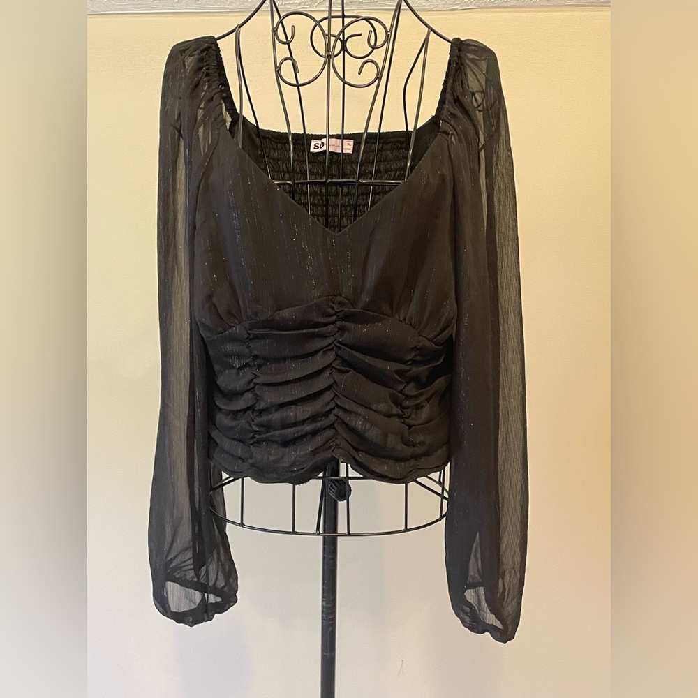 SO Sheer Black Top Mesh Long Sleeve Ruched Y2K Whimsygoth Fairy Grunge XL NWT